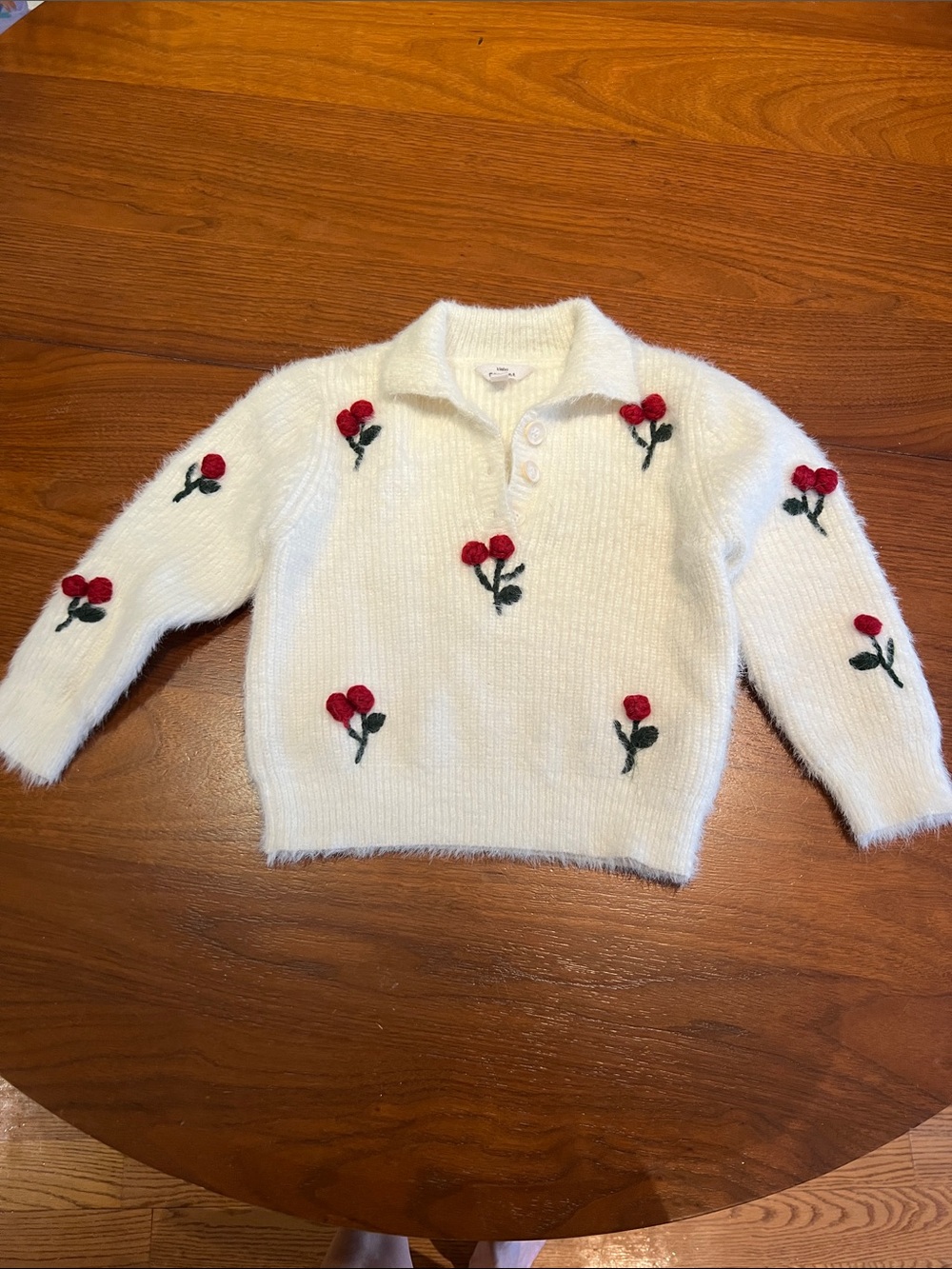 White Fuzzy Sweater with Red Rose Embroidery